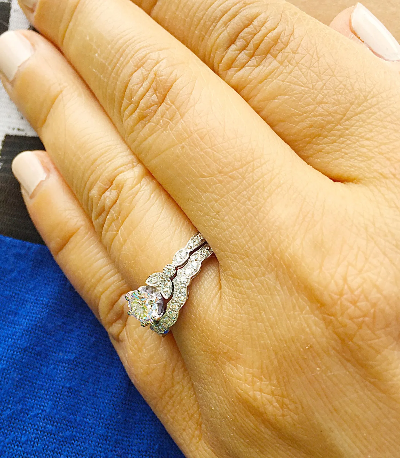 Women's 14k Solid White Gold Round Cut Natural Diamond Engagement Ring And Band, Antique Style, Filigree, Bridal Wedding Set 0.85ctw