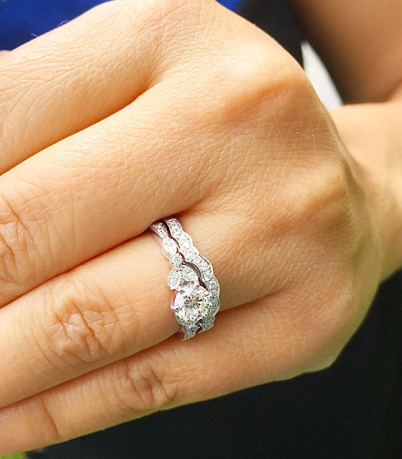 Women's 14k Solid White Gold Round Cut Natural Diamond Engagement Ring And Band, Antique Style, Filigree, Bridal Wedding Set 0.85ctw