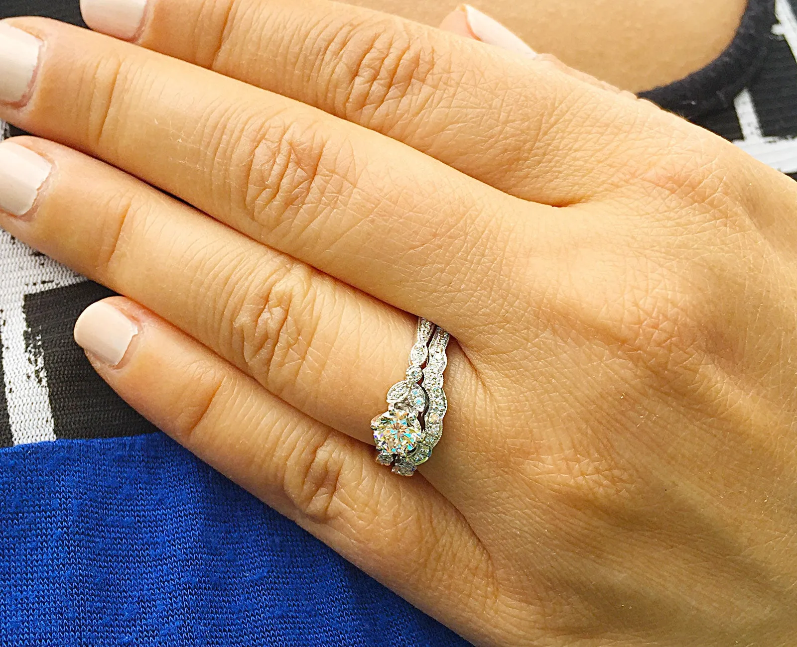 Women's 14k Solid White Gold Round Cut Natural Diamond Engagement Ring And Band, Antique Style, Filigree, Bridal Wedding Set 0.85ctw