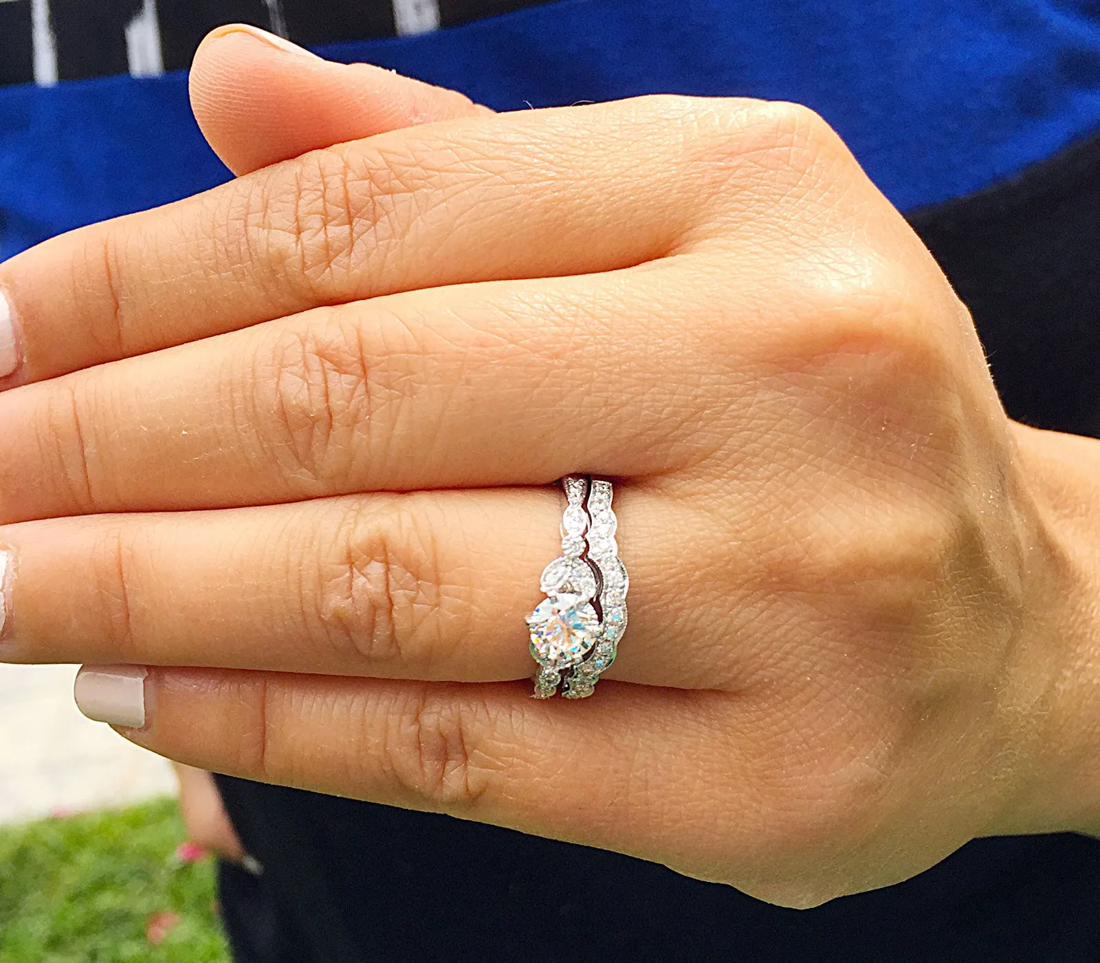 Women's 14k Solid White Gold Round Cut Natural Diamond Engagement Ring And Band, Antique Style, Filigree, Bridal Wedding Set 0.85ctw