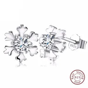 Women's 925 Sterling Silver Snowflake Earring Studs with Shiny CZ Crystal
