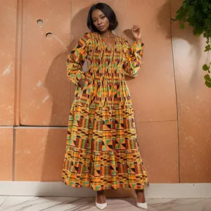 Women's African Kente Print Tier Smocked Dress
