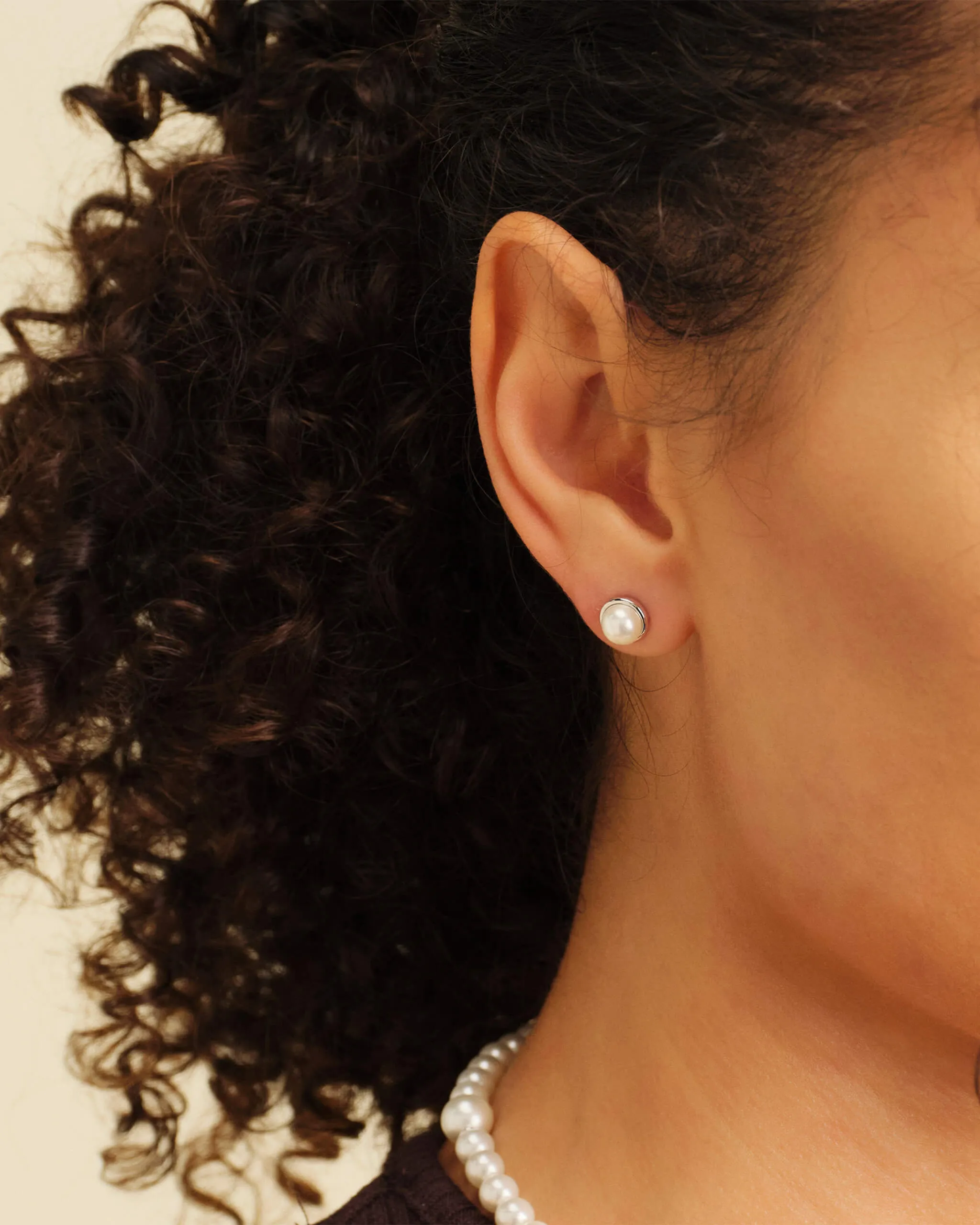 Women's Bezeled Pearl Stud Earrings - Silver