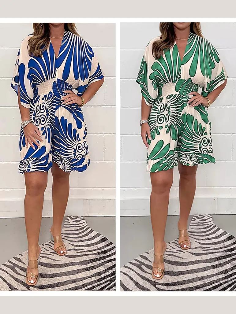 Women's Casual Short Jumpsuit | Plant Print Design, Lightweight Fabric, Comfortable Fit