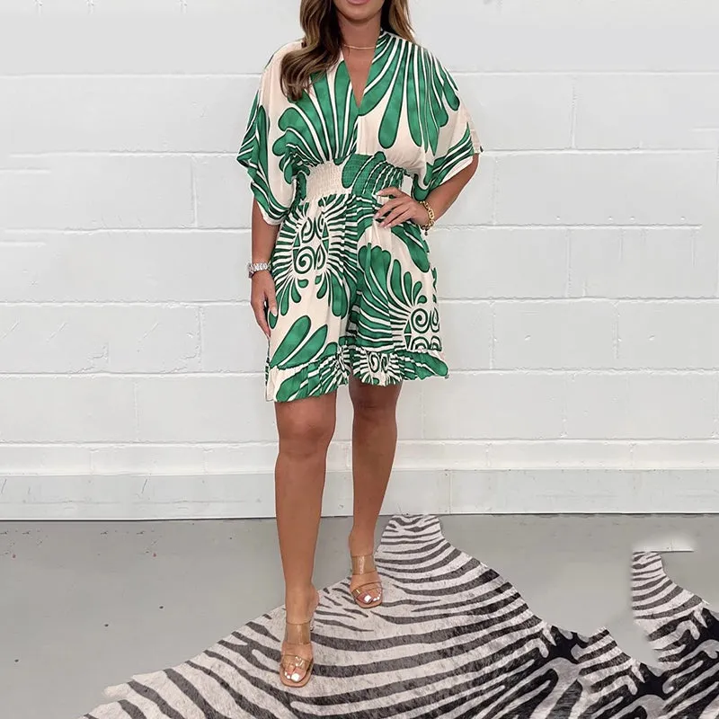 Women's Casual Short Jumpsuit | Plant Print Design, Lightweight Fabric, Comfortable Fit