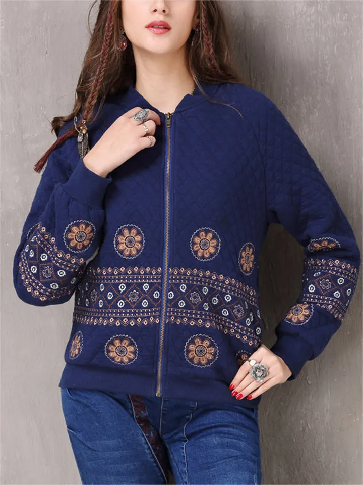 Women's Casual Slim-Fit Floral Embroidery Zipper Cotton Jacket