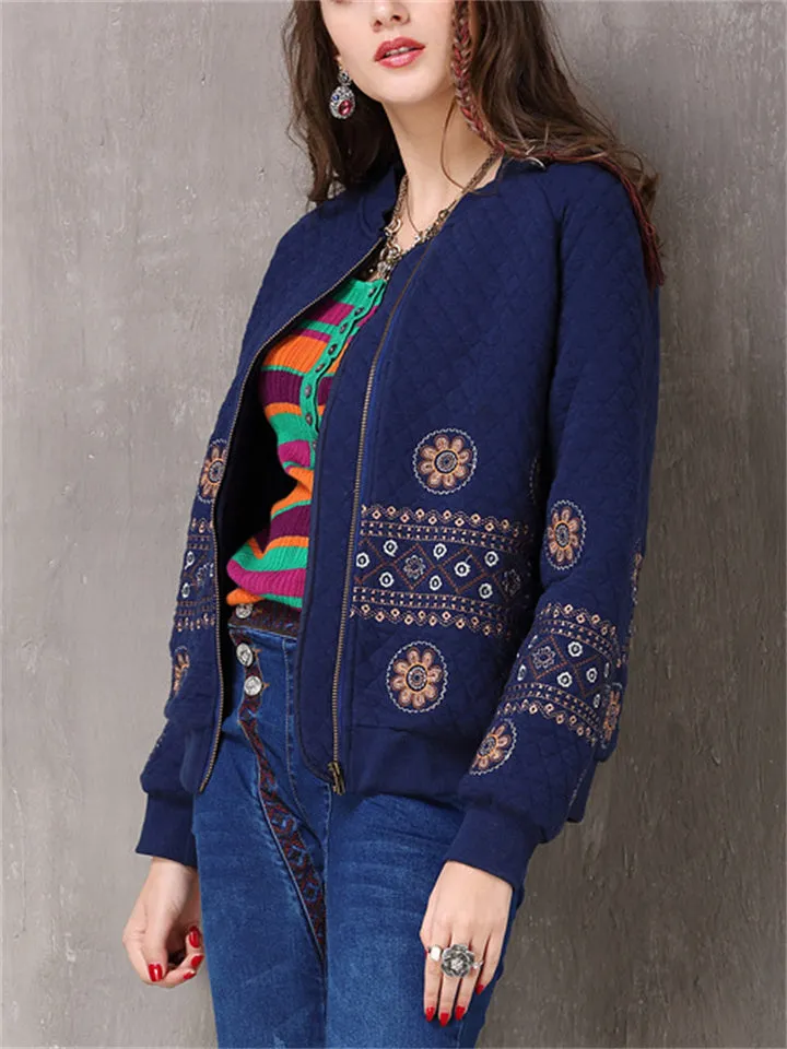 Women's Casual Slim-Fit Floral Embroidery Zipper Cotton Jacket