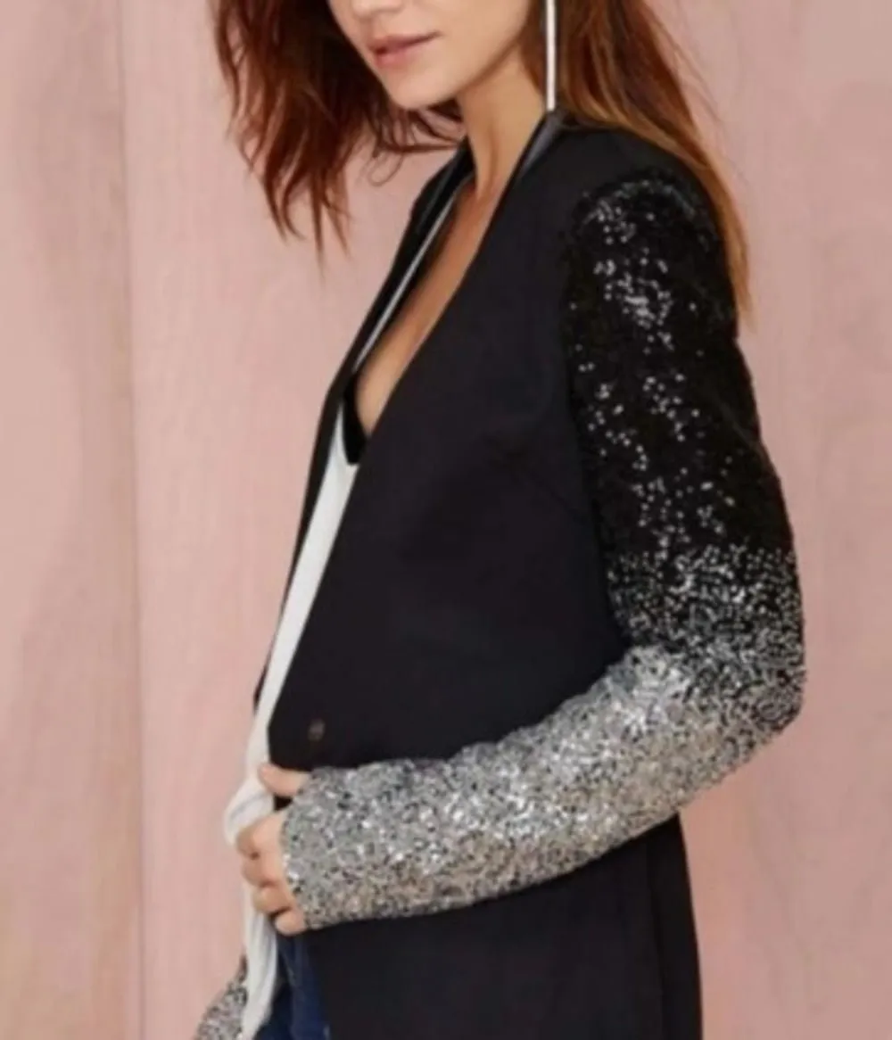 Women's Classic  Blazer with Shiny Sequins Sleeves