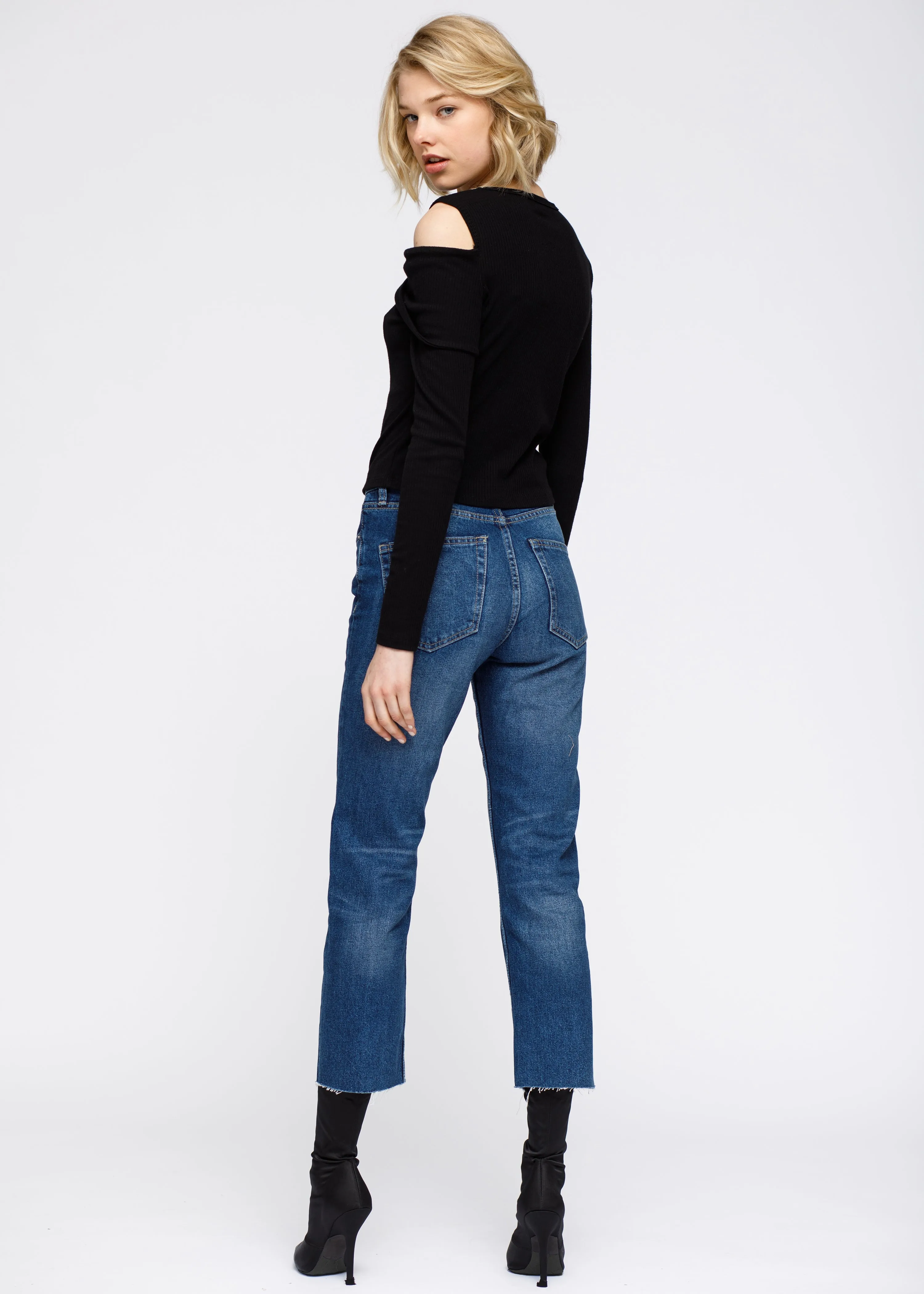 Women's Cold Shoulder Ribbed Knit Top In Black by Shop at Konus
