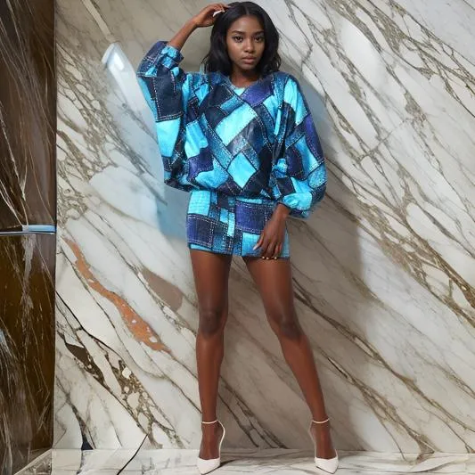 Women's Denim Inspired Patch Print Top/Pants
