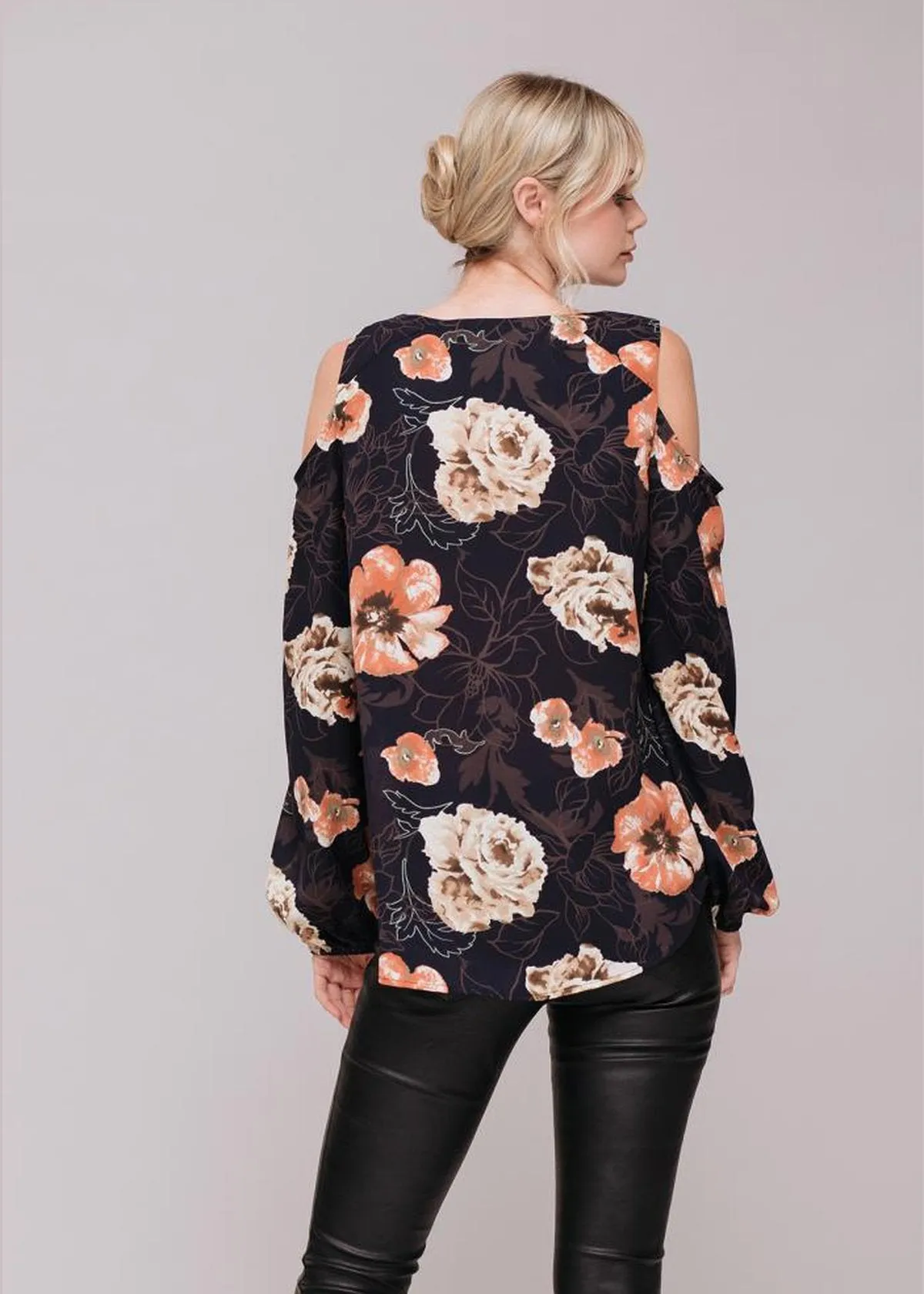 Women's Floral Print Long Sleeve Open Shoulder Top