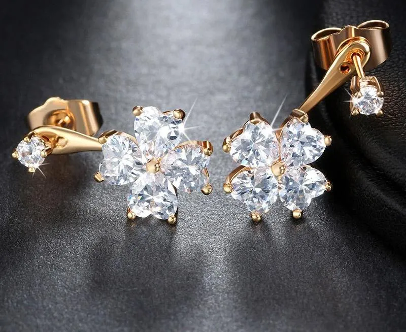 Women's Flower Crystal Stud Earring With Shiny Heart Shape Austrian Cubic Zirconia