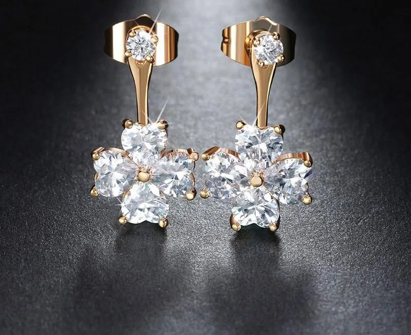 Women's Flower Crystal Stud Earring With Shiny Heart Shape Austrian Cubic Zirconia