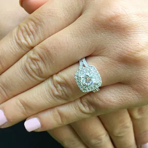 Women's Large 14k solid white gold cushion and Round cut diamond engagement ring double halo pave natural diamonds 1.80ctw
