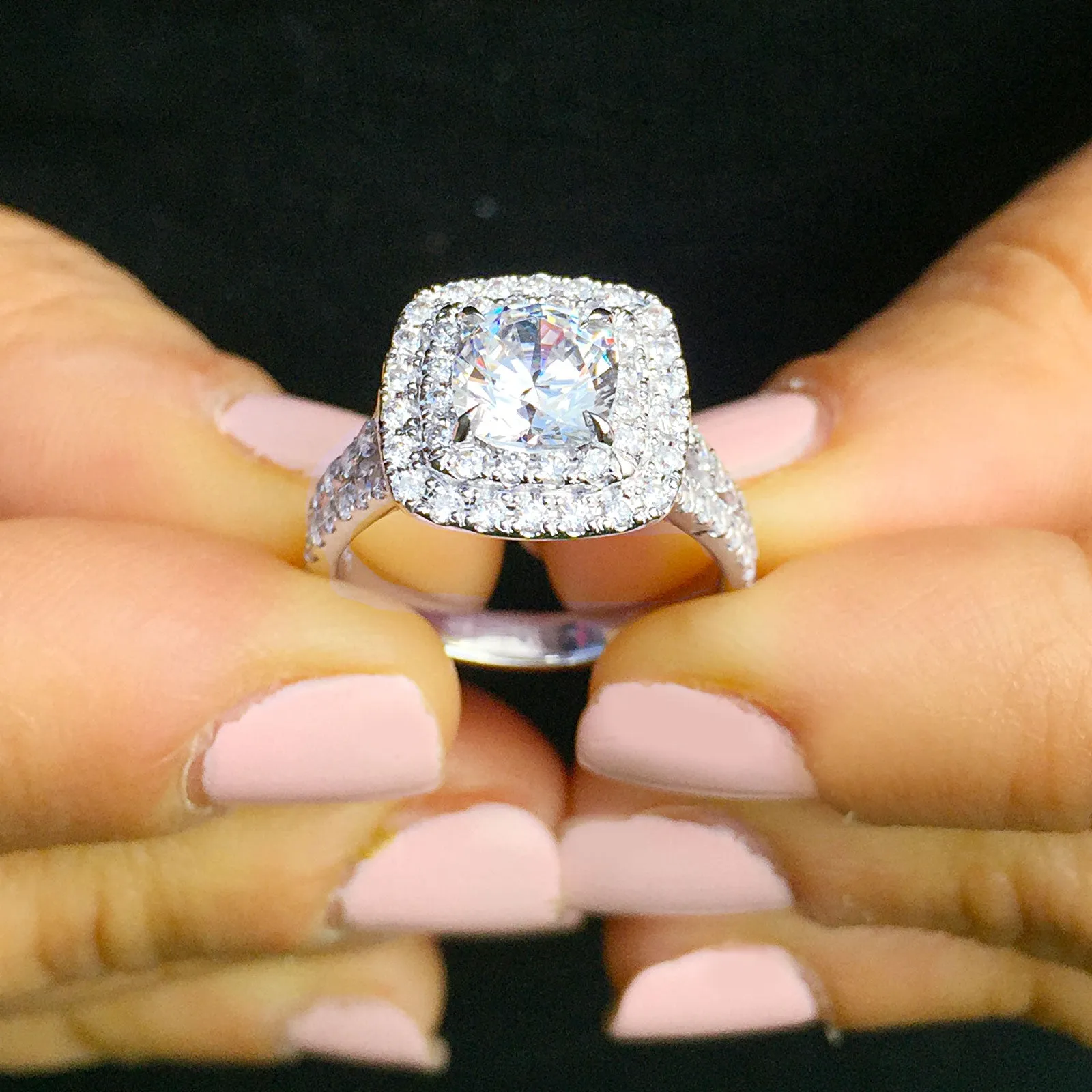 Women's Large 14k solid white gold cushion and Round cut diamond engagement ring double halo pave natural diamonds 1.80ctw