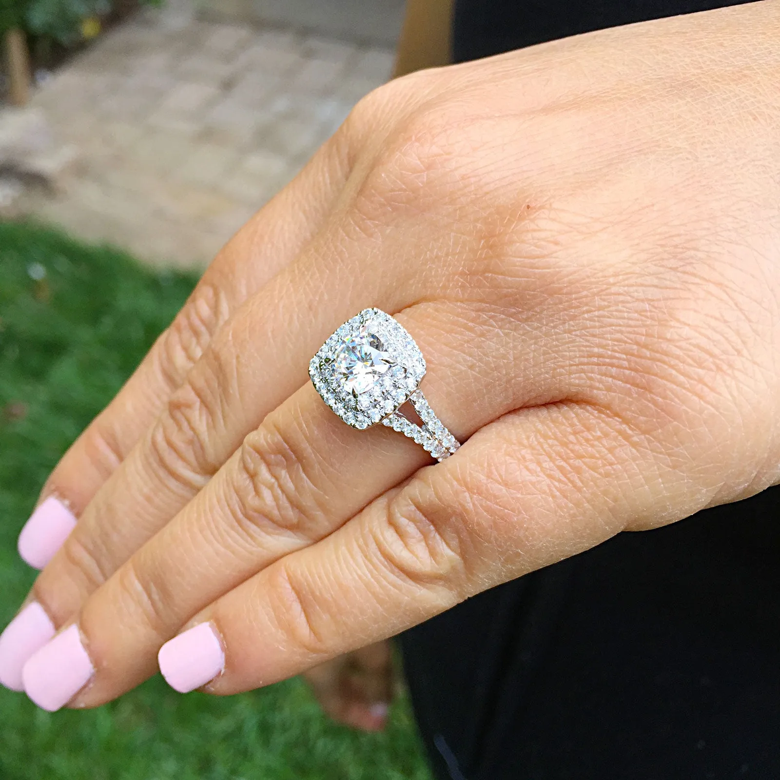 Women's Large 14k solid white gold cushion and Round cut diamond engagement ring double halo pave natural diamonds 1.80ctw
