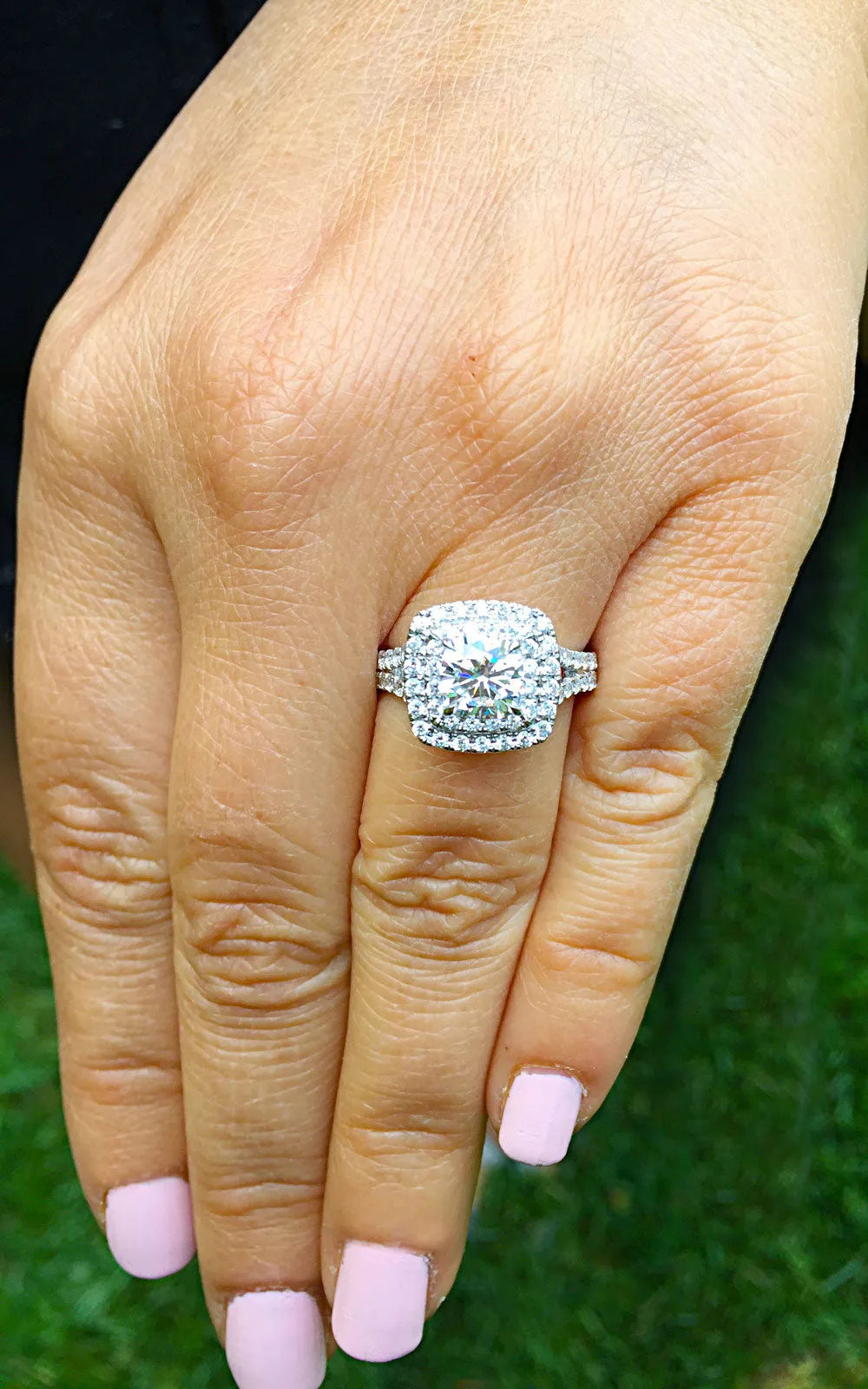 Women's Large 14k solid white gold cushion and Round cut diamond engagement ring double halo pave natural diamonds 1.80ctw
