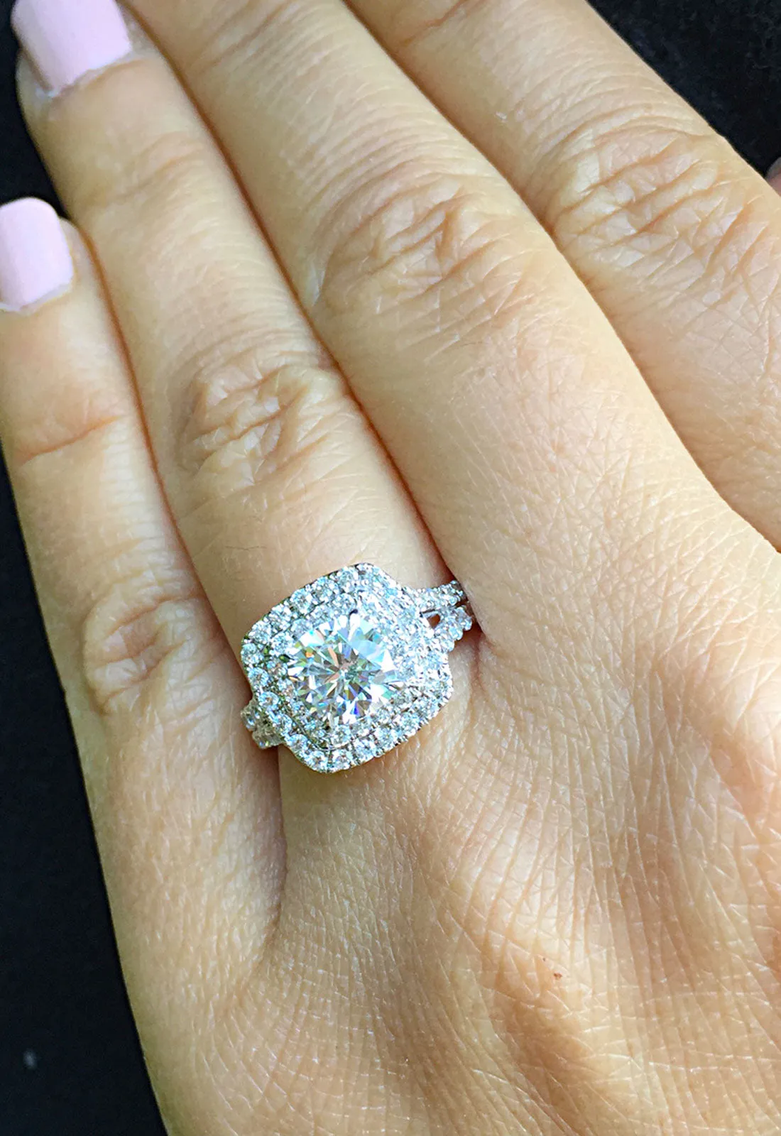 Women's Large 14k solid white gold cushion and Round cut diamond engagement ring double halo pave natural diamonds 1.80ctw