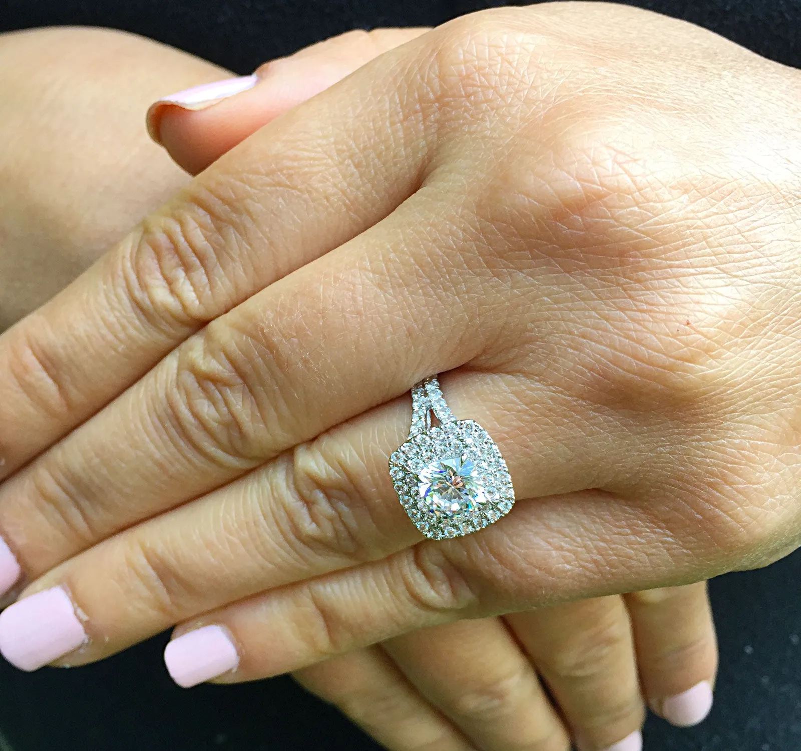 Women's Large 14k solid white gold cushion and Round cut diamond engagement ring double halo pave natural diamonds 1.80ctw