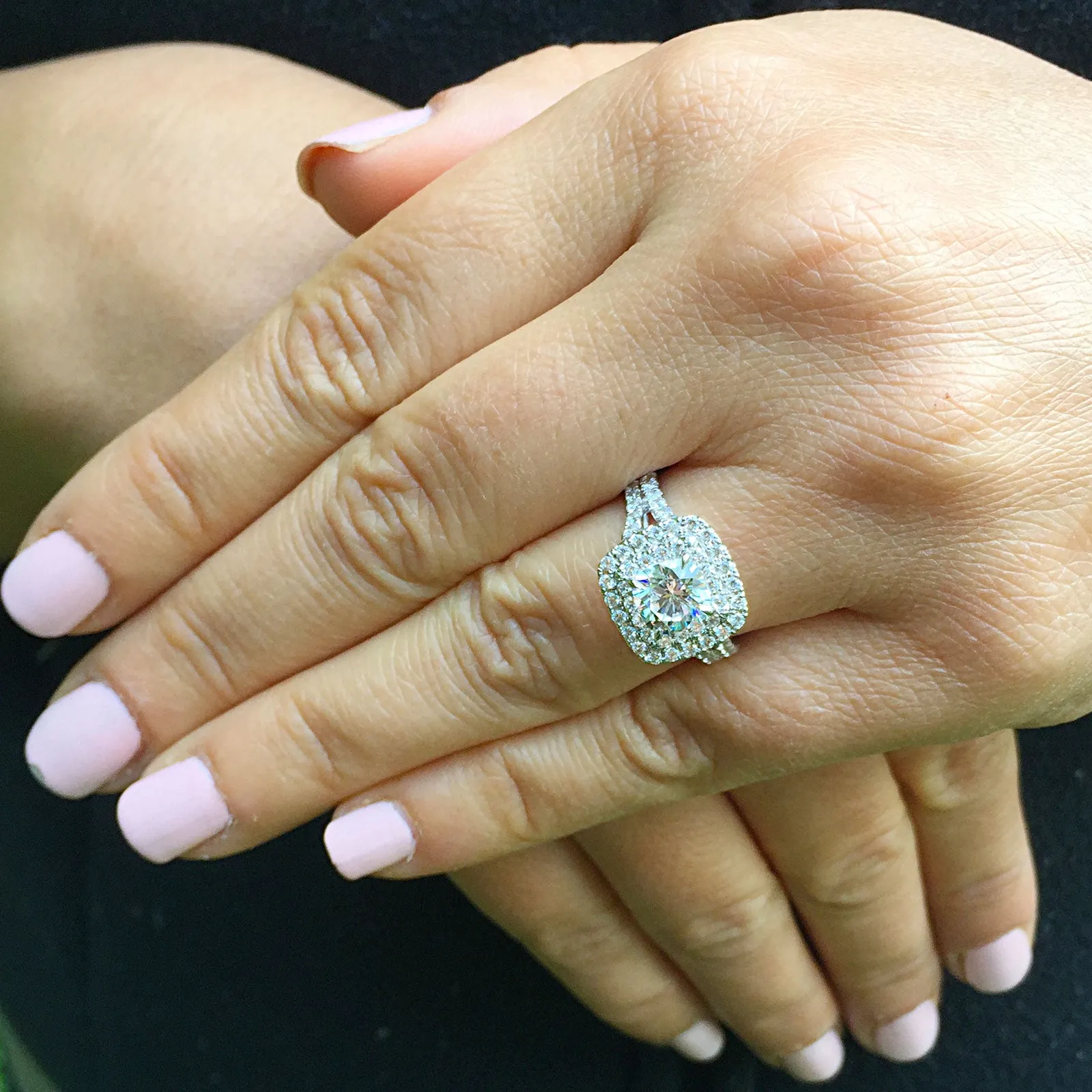 Women's Large 14k solid white gold cushion and Round cut diamond engagement ring double halo pave natural diamonds 1.80ctw