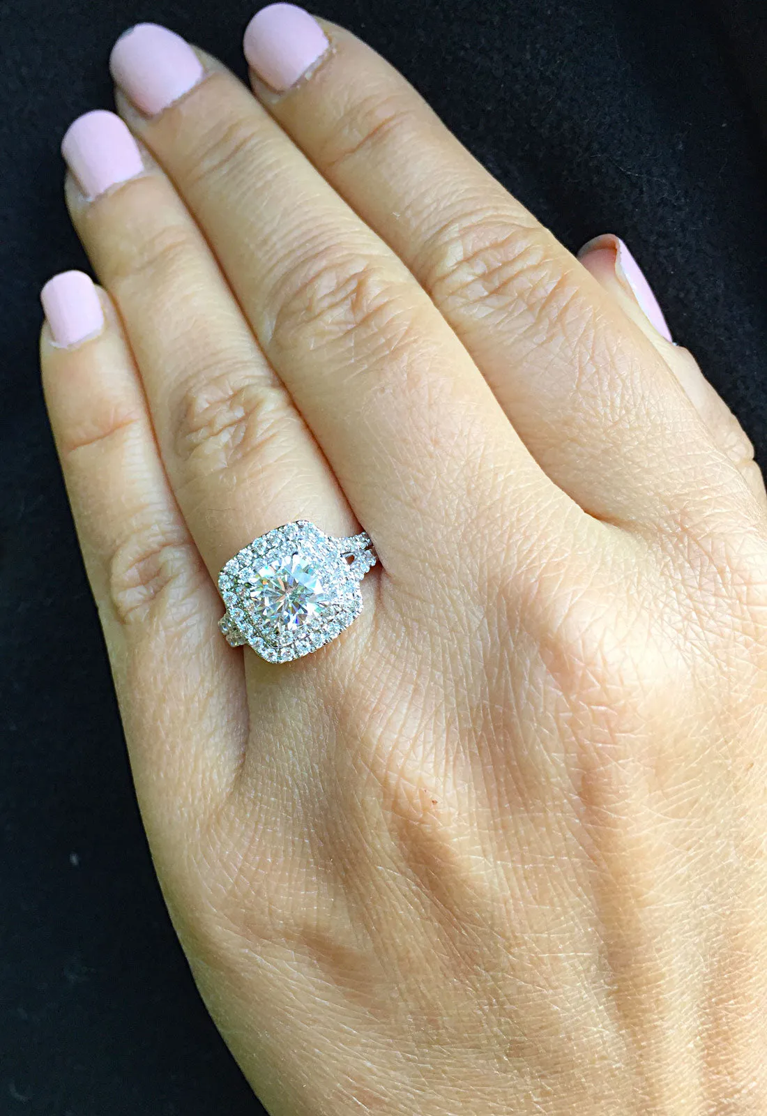 Women's Large 14k solid white gold cushion and Round cut diamond engagement ring double halo pave natural diamonds 1.80ctw