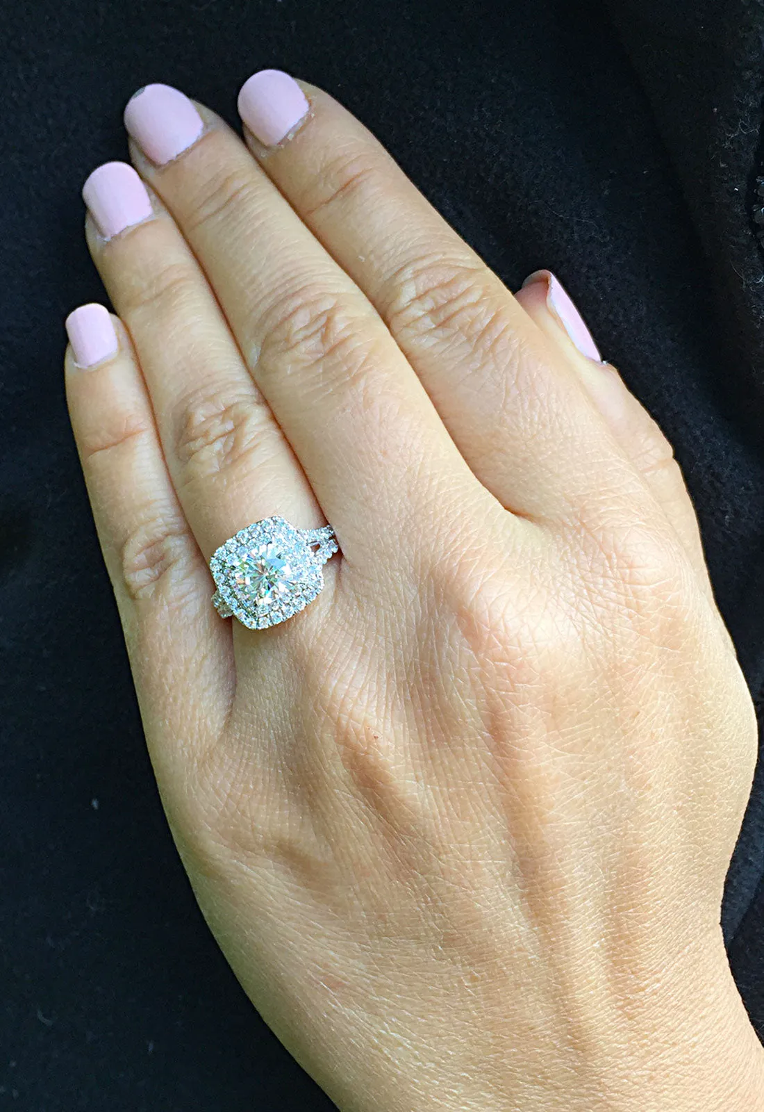 Women's Large 14k solid white gold cushion and Round cut diamond engagement ring double halo pave natural diamonds 1.80ctw