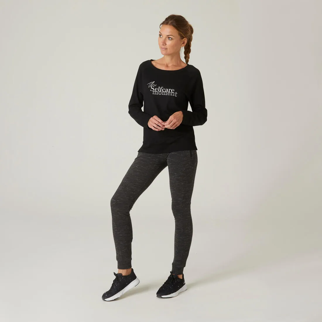 Women's Long-Sleeved Straight-Cut Crew Neck Synthetic Fitness T-Shirt 500 - Black