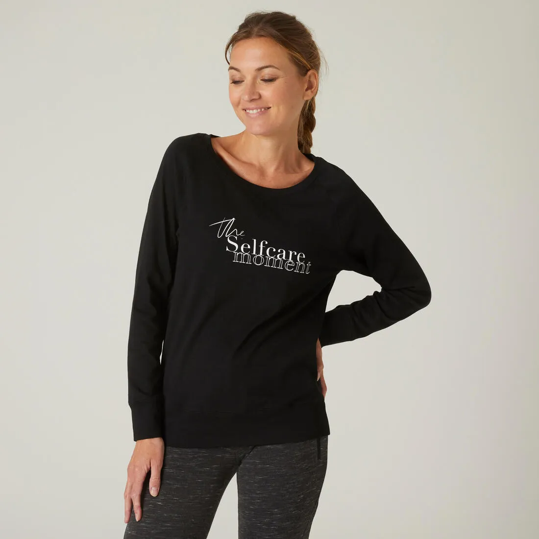 Women's Long-Sleeved Straight-Cut Crew Neck Synthetic Fitness T-Shirt 500 - Black