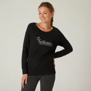 Women's Long-Sleeved Straight-Cut Crew Neck Synthetic Fitness T-Shirt 500 - Black