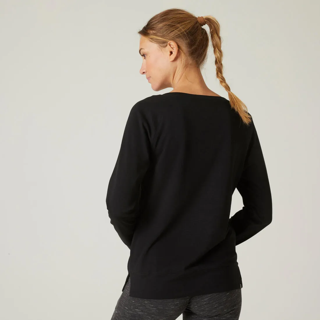 Women's Long-Sleeved Straight-Cut Crew Neck Synthetic Fitness T-Shirt 500 - Black