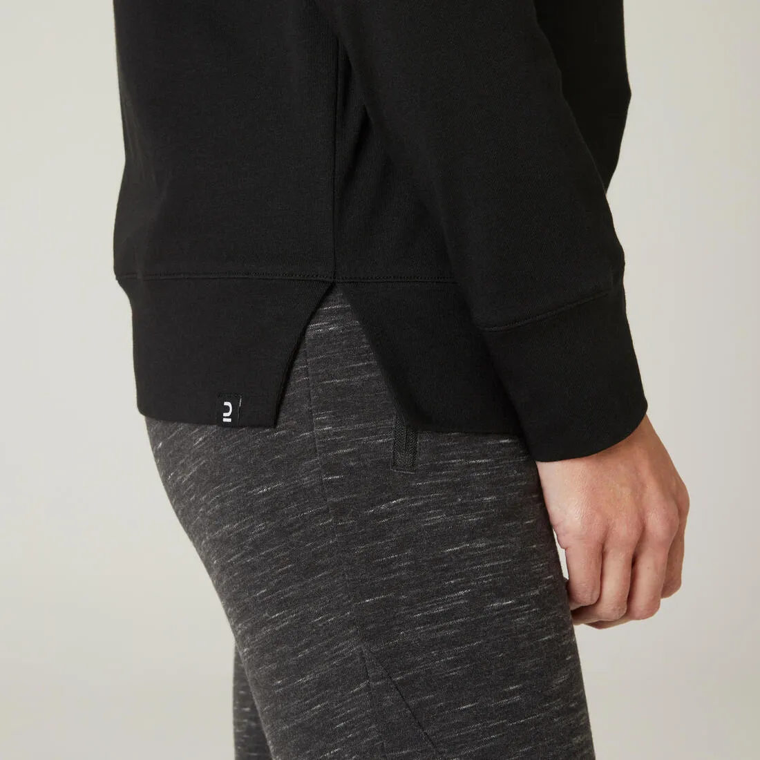 Women's Long-Sleeved Straight-Cut Crew Neck Synthetic Fitness T-Shirt 500 - Black