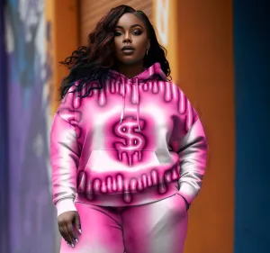 Women's Plus Size Casual Pink Art Money Pattern Hoodie Two-Piece Set