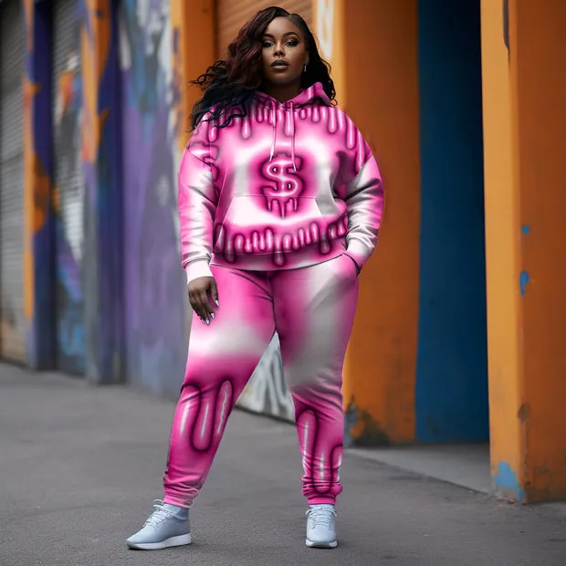 Women's Plus Size Casual Pink Art Money Pattern Hoodie Two-Piece Set