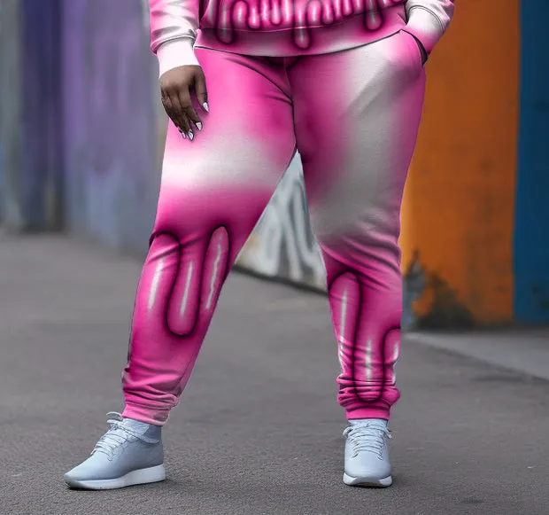 Women's Plus Size Casual Pink Art Money Pattern Hoodie Two-Piece Set