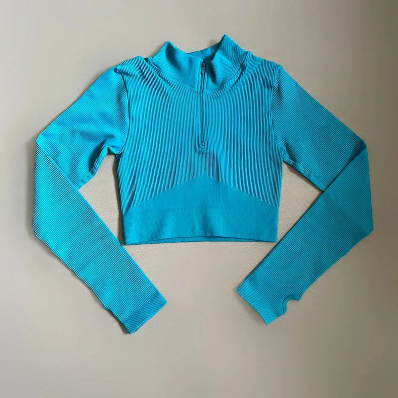 Women's Seamless Crop Top with Front Zipper - Long Sleeve Fitness Shirt