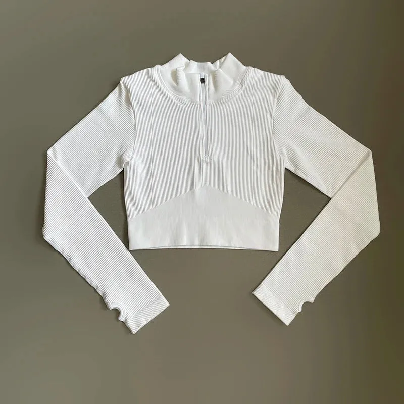 Women's Seamless Crop Top with Front Zipper - Long Sleeve Fitness Shirt