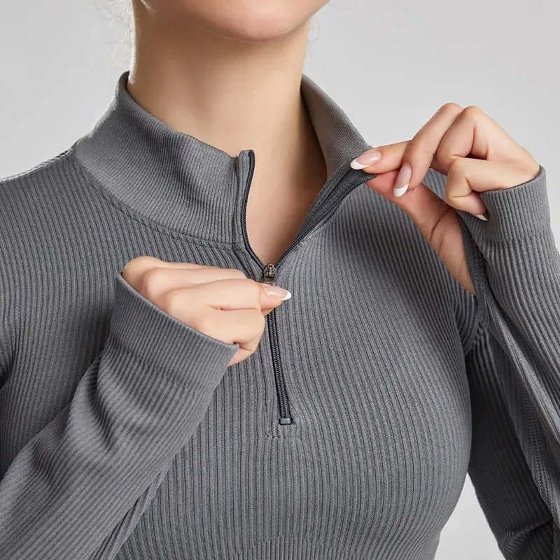 Women's Seamless Crop Top with Front Zipper - Long Sleeve Fitness Shirt