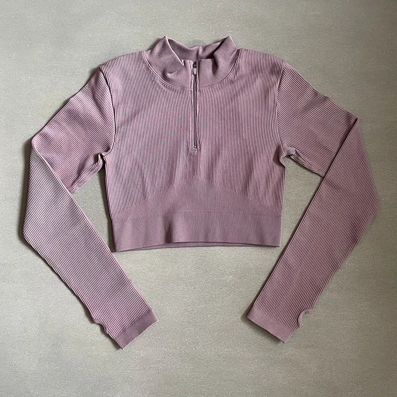 Women's Seamless Crop Top with Front Zipper - Long Sleeve Fitness Shirt