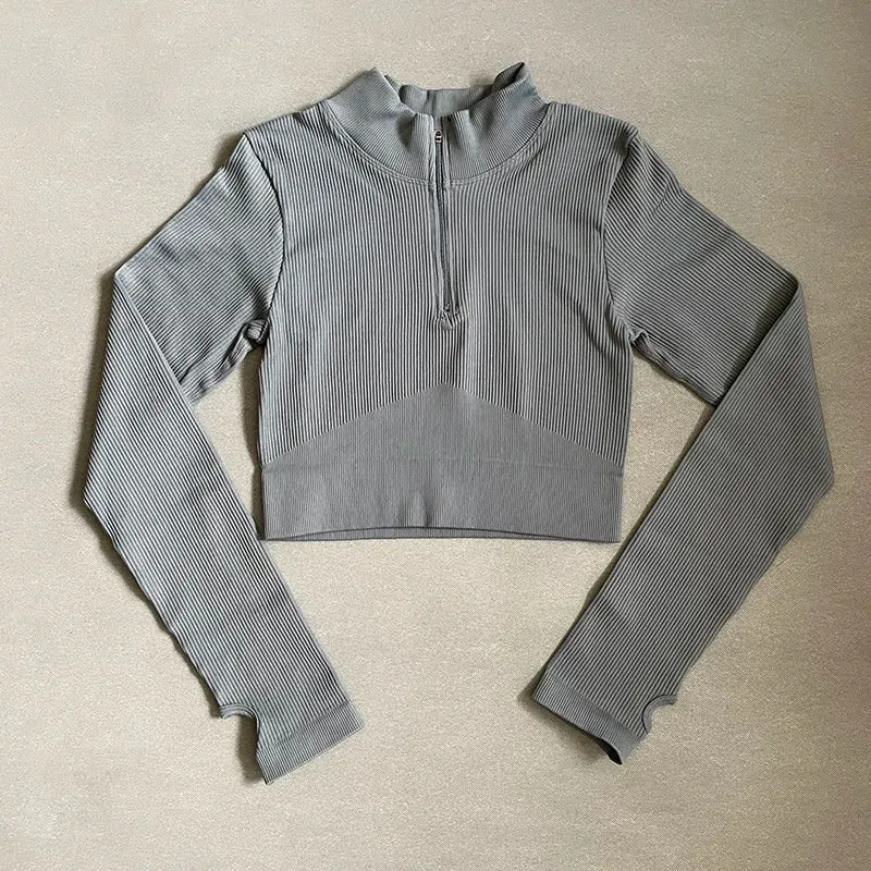 Women's Seamless Crop Top with Front Zipper - Long Sleeve Fitness Shirt