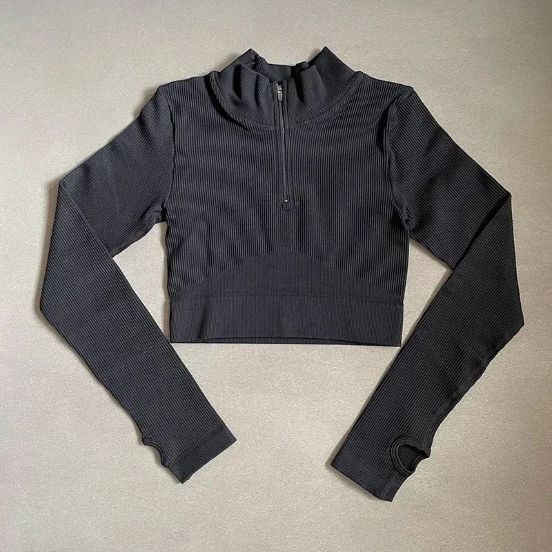 Women's Seamless Crop Top with Front Zipper - Long Sleeve Fitness Shirt