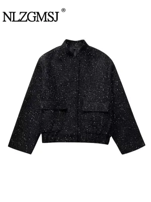 Women's Shiny Sequin Y2k Stand Collar Long Sleeve Short Jacket