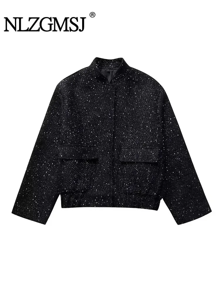 Women's Shiny Sequin Y2k Stand Collar Long Sleeve Short Jacket
