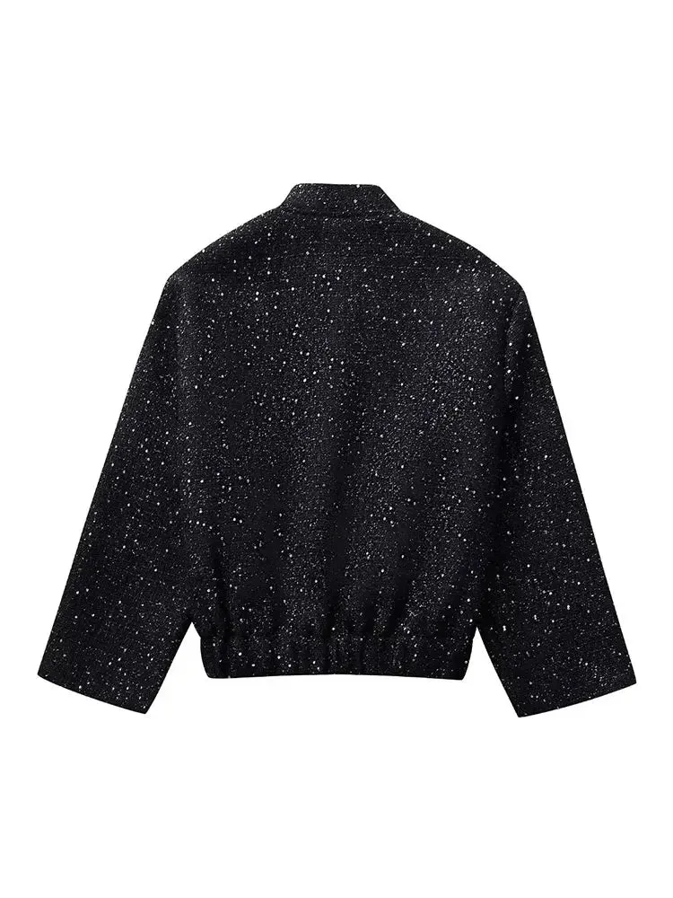 Women's Shiny Sequin Y2k Stand Collar Long Sleeve Short Jacket