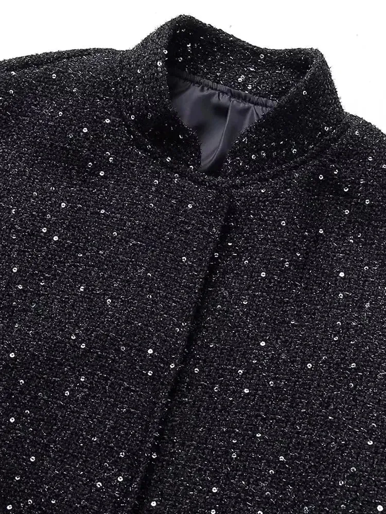 Women's Shiny Sequin Y2k Stand Collar Long Sleeve Short Jacket