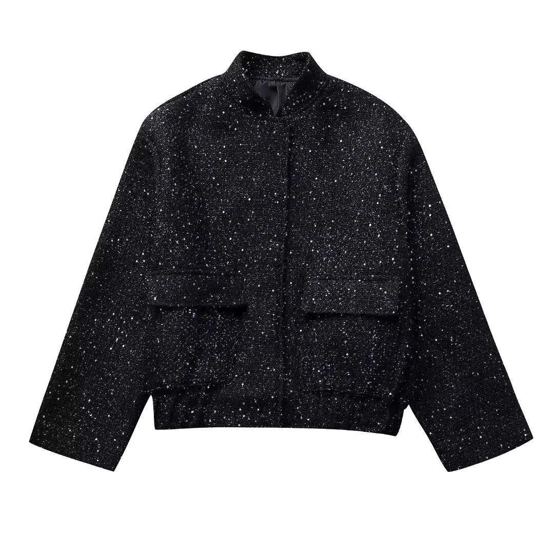 Women's Shiny Sequin Y2k Stand Collar Long Sleeve Short Jacket