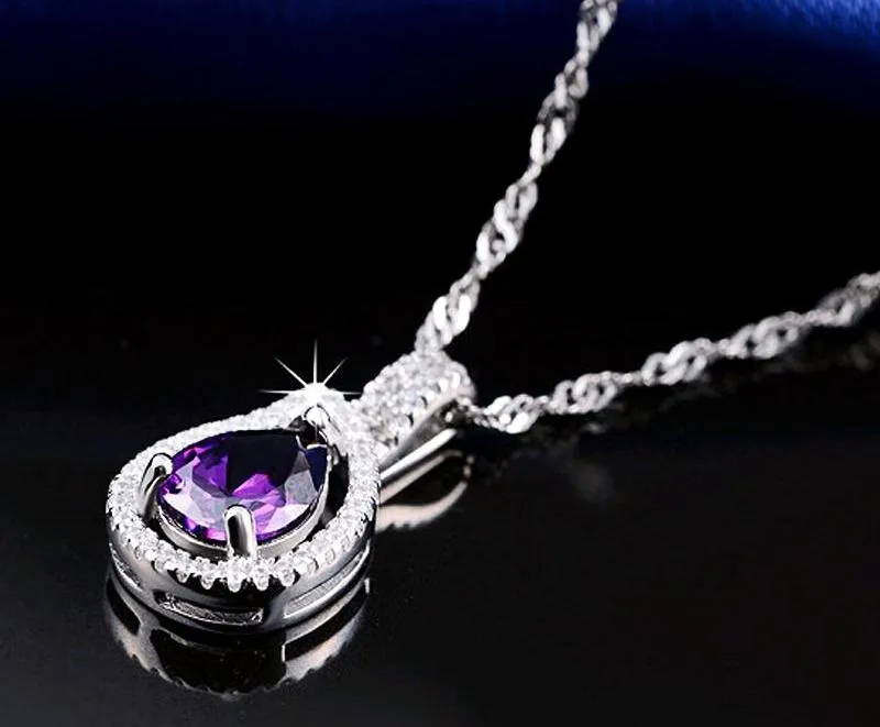 Women's Silver Pendant Necklace With Water Drop Shiny Purple CZ
