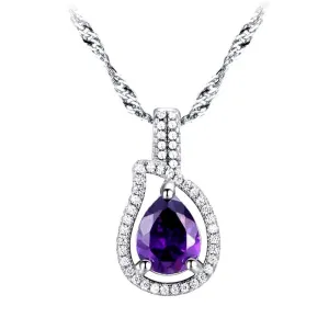 Women's Silver Pendant Necklace With Water Drop Shiny Purple CZ