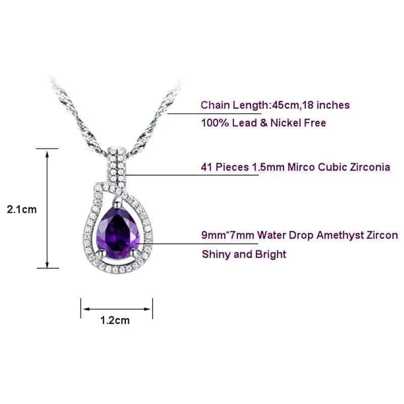 Women's Silver Pendant Necklace With Water Drop Shiny Purple CZ