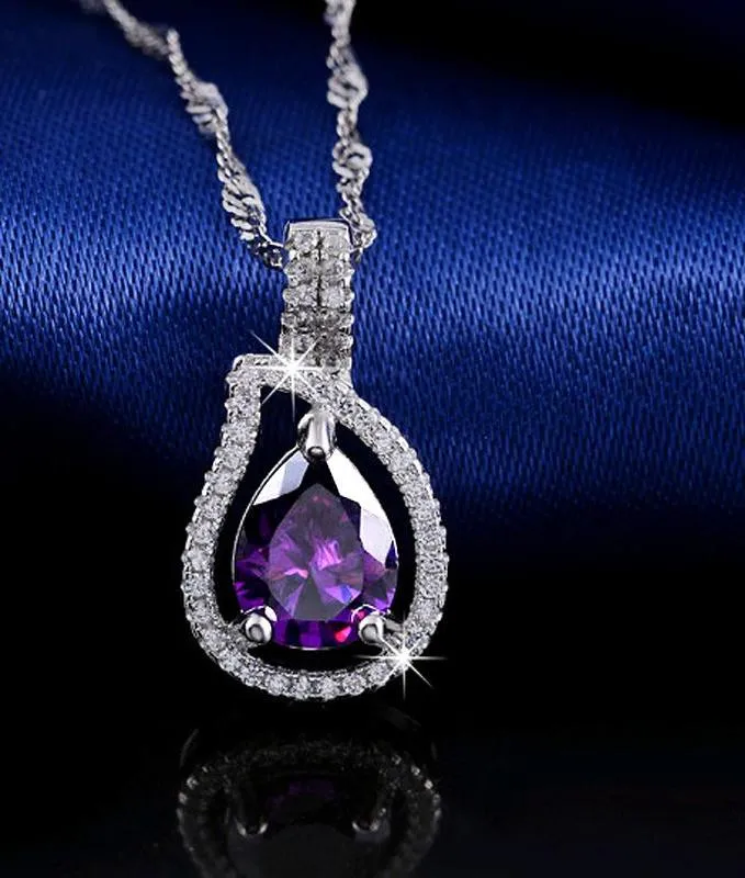 Women's Silver Pendant Necklace With Water Drop Shiny Purple CZ