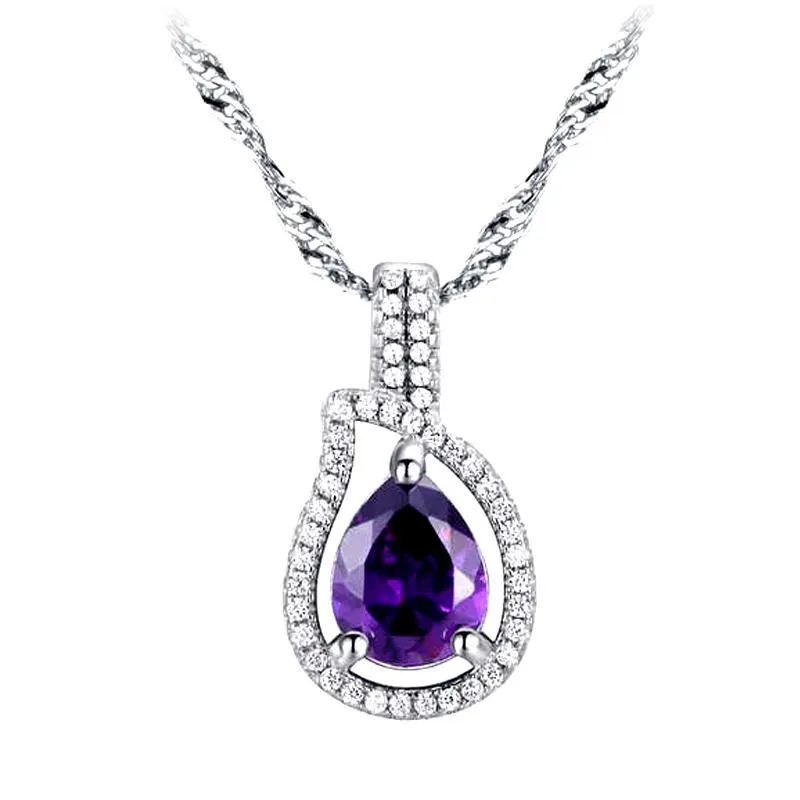 Women's Silver Pendant Necklace With Water Drop Shiny Purple CZ